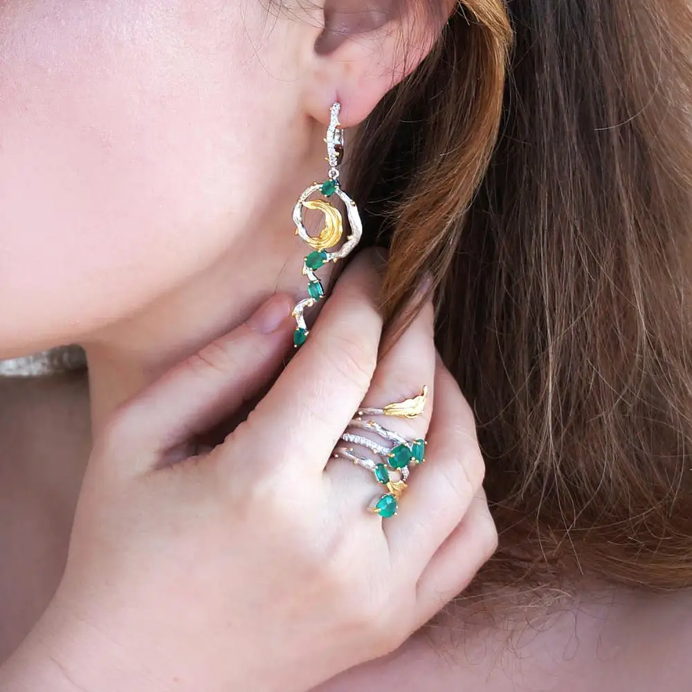 100% 925 Sterling Silver Natural Green Agate Earrings Ring Set Vintage Gemstone  - $116.71