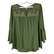 Faded Glory Womens Plus Size 2X Green Embroidered Top Bell Sleeve Boho - £14.47 GBP