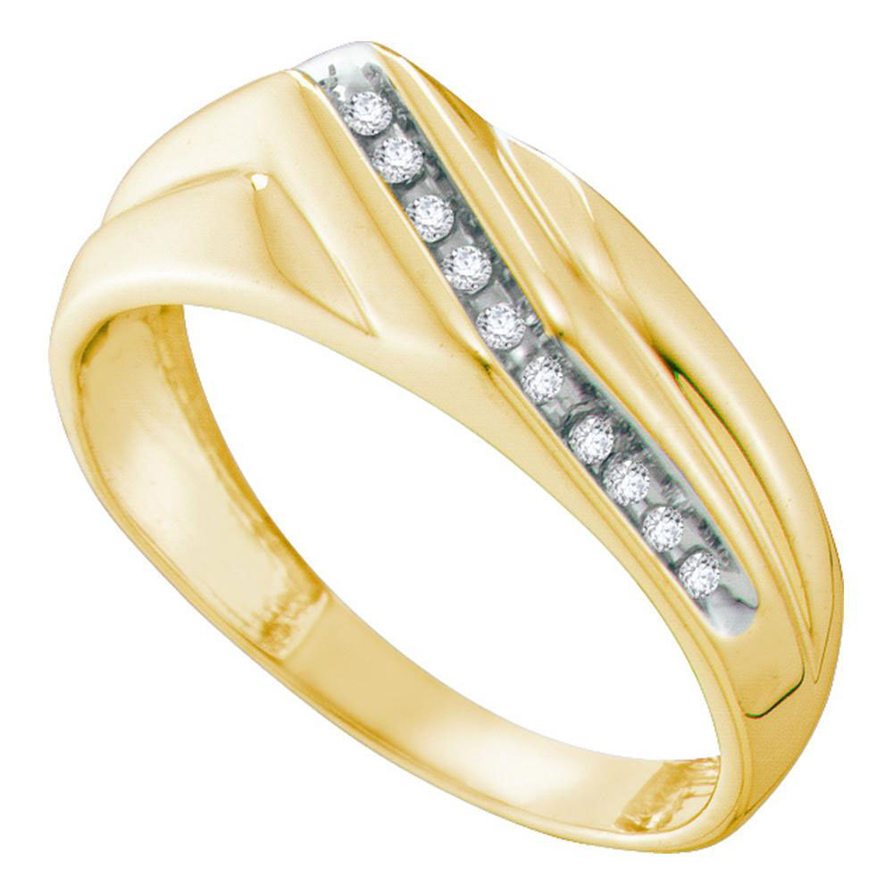 10k Yellow Gold Mens Round Diamond Diagonal Single Row Wedding Band Ring 1/8