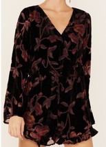 NWOT Wild Moss Women&#39;s Floral Burnout Long Sleeve Velvet Romper Black Size S - £18.59 GBP