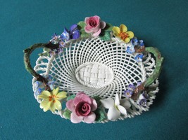 CROWN STAFFORDSHIRE ENGLAND OVAL/ROUND BASKET BOWL CERAMIC FLOWERS WAVED  - $169.28