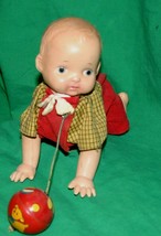 Vtg Mid Century Modern Mechanical Friction Baby Doll Crawler Tin Litho Ball Toy - £34.92 GBP