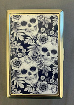 Dark Blue Floral Skull Wallpaper Silver Metal Cigarette Case RFID Protection - £13.15 GBP