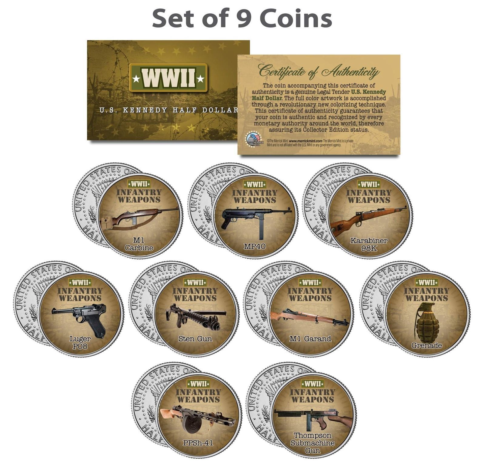 WORLD WAR II INFANTRY WEAPONS JFK Kennedy Half Dollar U.S. 9-Coin Complete Set - £37.22 GBP