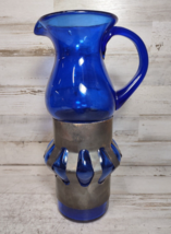 Vintage Felipe Delfinger Mexican Brutalist Caged Metal Cobalt Blue Glass Pitcher - $85.49