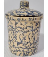 RRPCO Roseville Pottery Blue Sponge ware Crock 1 Quart High Jar With Lid - $60.36 CAD