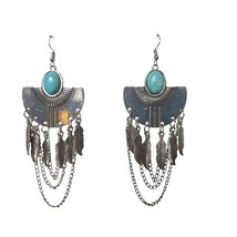 Vintage Turquoise Boho Silver Tone Feathers Tribal Chains Fan Earrings J... - $27.72