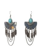 Vintage Turquoise Boho Silver Tone Feathers Tribal Chains Fan Earrings J... - $27.72