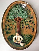 Pottery Diorama 3D Wall Plaque Oval Bowl Oriental Man Drinking Tea Under Tree - £159.66 GBP