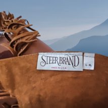 Steerbrand Shotgun Chaps Smooth Chestnut Leather Fringe Large - X-Large Not Used image 7