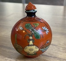 Vintage Chinese Round Painted Porcelain Snuff Bottle SIGNED Flowers Orange - $247.49