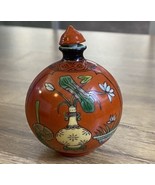 Vintage Chinese Round Painted Porcelain Snuff Bottle SIGNED Flowers Orange - £195.55 GBP