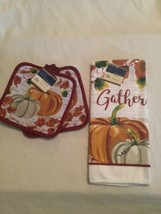 Autumn 3 pc towel pot holders pumpkins fall kitchen Home Collection leaves - $15.59