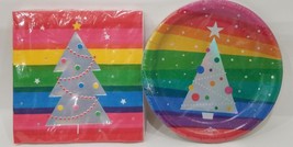 Holiday Time 10 Piece Lunch Plates &amp; 16 Piece Lunch Napkins With Rainbow... - $19.79