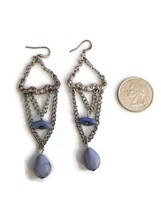 Chain Silver Tone Chandelier Clusters Blue Bead Drop Dangle Hook Earrings - £13.87 GBP