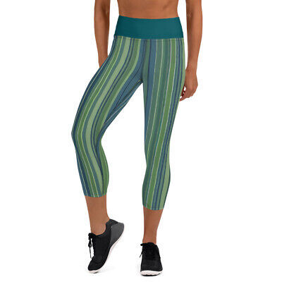 New Women's Yoga Capri Leggings w/Pocket XS-XL Green Striped High Waist UPF50+