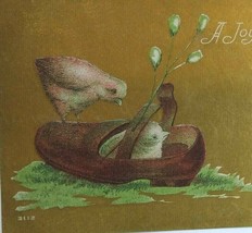 Easter Postcard Vintage Baby Chicks Inside Shoe Original Vintage Gold Linen - £4.11 GBP