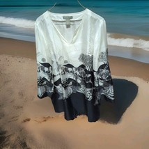 KENAR SILK TUNIC BLACK/BEIGE TOP SIZE 8 - 3/4 SLEEVES SIDE SLITS - $9.90