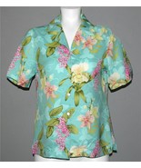 Tommy Bahama Colorful Turquoise TROPICAL Flowers Silk S/S Blouse Wm&#39;s S/... - $47.52 CAD