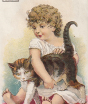 1800&#39;s Antique Victorian Pearline Trade Card - Little Girl With Tabby Cat - £8.50 GBP