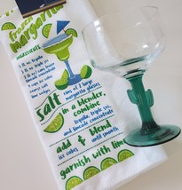 Margarita Glass and Kitchen Towel, Green Cactus Stem 16oz Drinks Recipe Gift image 3