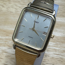 VTG Timex Quartz Watch Men Gold Tone Rectangle Date Stretch Analog New Battery - £25.40 GBP