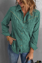 Green Rivet Corduroy Buttoned Long Sleeve Shirt with Pockets - £21.64 GBP+