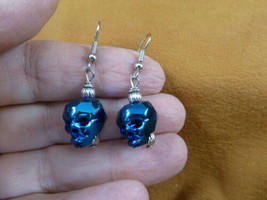 (EE-510-1) cobalt blue Skull glass silver wire dangle earrings lampwork skulls - £14.18 GBP
