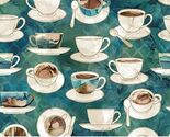 Cotton Coffee Cups and Saucers Teal Cotton Fabric Print by the Yard D570.22 - $14.95