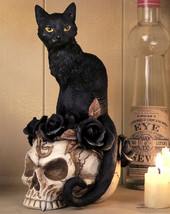 Gothic Black Feline Cat Sitting On Rose Vampire Skull Grimalkin&#39;s Ghost Figurine - £37.56 GBP