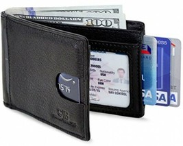 Mens RFID Blocking Bifold Slim Wallet Genuine Leather Thin Minimalist Jet Black - £70.01 GBP