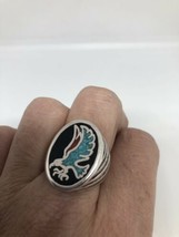 Vintage Hawk Ring Silver White Bronze Men&#39;s Black Turquoise Inlay Size 13 - £32.14 GBP