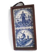 Vintage Blue &amp; White Delft Ceramic Windmill Solid Wooden Frame Hange Wal... - £19.91 GBP