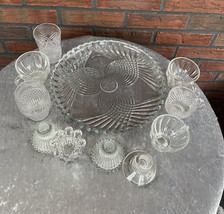 Vintage Cut Glass Lot 11 Piece Punch Bowl Cups Platter Candle Holders Mugs VTG - £24.98 GBP