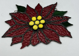 Suncatcher/Stained Glass Handmade Red Poinsettia Green Yellow 8 x 6 Inches - £20.92 GBP