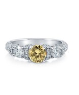 Sterling Silver Round Canary Yellow CZ 3-Stone Milgrain Art Deco Ring  - $15.99