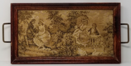 Serving Tray with Tapestry Inlay Antique Wooden Brass Romantic Scene Decor - $28.45