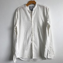 Zara Linen Shirt Mens M White Polka Dot Button Down Mock Collar Long Sleeve - $24.85
