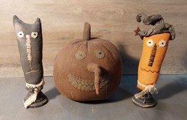 Primitive Halloween Folk Grungy Set 3 Fabric Jack O Lantern Long Nose Witch Cat - £55.14 GBP