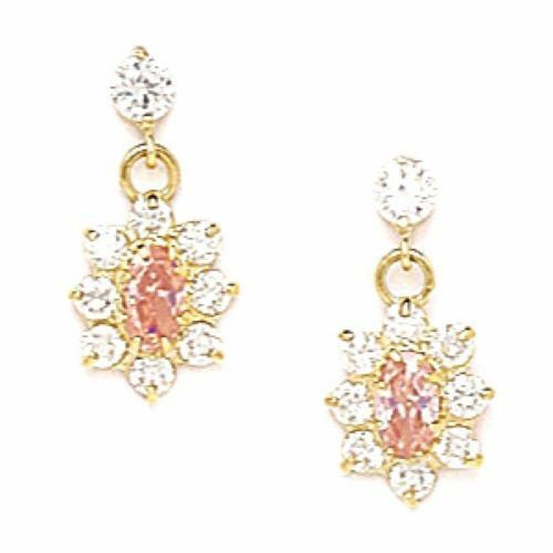Primary image for Women/Children Elegant 14K YG Pink Tourmaline Birthstone Flower Dangle Earrings
