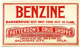 1 Vintage Pharmacy Label BENZINE Patterson&#39;s Drug Shoppe Oklahoma City Oklahoma - $19.68