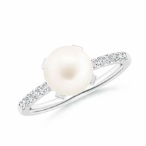 ANGARA Freshwater Pearl Ring with Pave-Set Diamonds for Women in 14K Solid Gold - £495.68 GBP