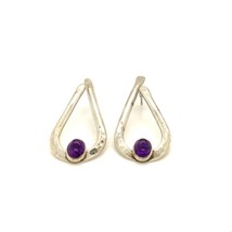 Vintage Signed Sterling Silver Bezel Amethyst Teardrop Loop Shape Stud Earrings - £38.78 GBP