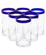 Set Of 6 Blue Rim Mexican Glassware, 14 Oz Cobalt Hand Blown Drinking Gl... - £61.98 GBP