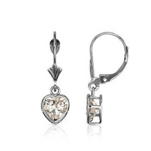 14K Solid White Gold Bezel Set White Sapphire 7mm Heart Leverback Dangle Earring - $100.96