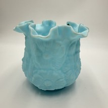 Vtg Fenton Blue Satin Glass Vase Ruffled Edge Poppy/Daisy Large 6&quot; H x 6... - $67.50