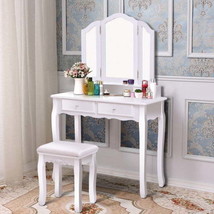 Tri Folding Mirror Vanity Table Stool Set with 4 Drawers and Cushioned Stool-Whi - $274.62