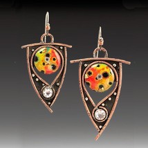 New Design Yellow Orange Stone Earrings Vintage Red Bronze Hollow Metal Bending  - £10.27 GBP