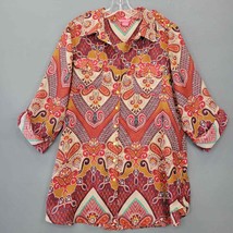 Sunny Leigh Womens Blouse Size L Orange Rust Sheer Floral Button Up 3/4 Sleeves - £8.36 GBP