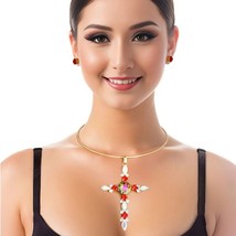 Gold Plated Marquise Aurbo Collar Choker Cross Pendant Fashion Necklace Set - £36.03 GBP